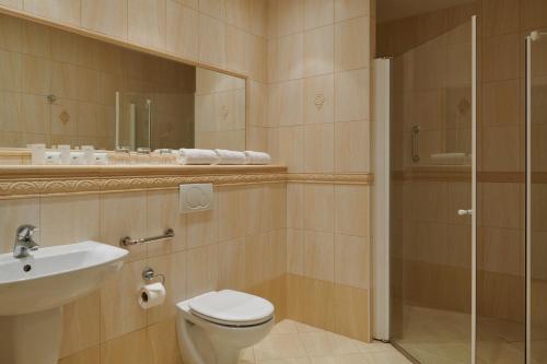 a bathroom with a toilet and a sink and a shower at Hotel Singer in Ludvíkov