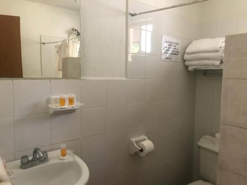 La salle de bains est pourvue d'un lavabo, de toilettes et d'un miroir. dans l'établissement La Ilusión Hotel Campestre y Balneario, à Parras de la Fuente