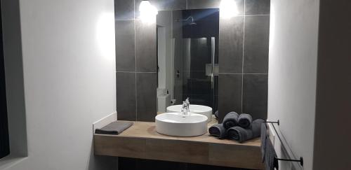 a bathroom with a white sink and a mirror at Hayburg House in Robertson