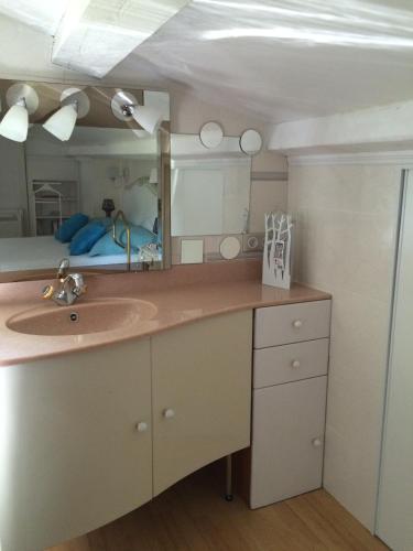 une salle de bain avec un lavabo et un miroir dans l'établissement Villa 2P VLB, à Villeneuve-Loubet