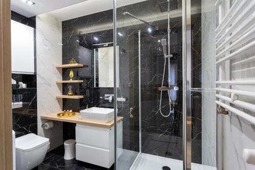 a bathroom with a shower and a sink at Tymon Apartament przy deptaku in Szczawno-Zdrój