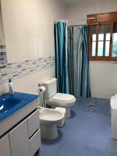 bagno con 2 servizi igienici e lavandino blu di El cortijo de la abuela a Benahadux