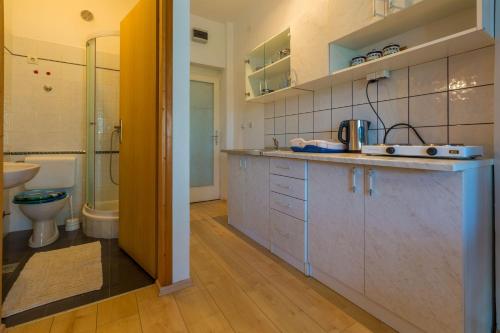 a kitchen with a sink and a toilet in a bathroom at Apartments Dorijan i Karlo in Selce