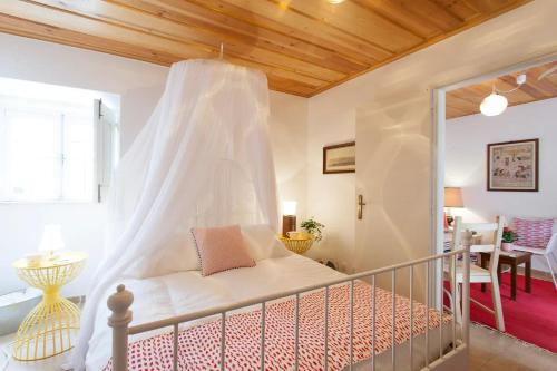 a bedroom with a bed with a mosquito net at Alfama Charming Apt with 2 Free Bikes By TimeCooler in Lisbon