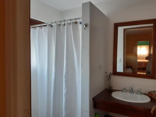 a bathroom with a white shower curtain and a sink at Casa barrio Los Troncos "La Magnolia" in Mar del Plata