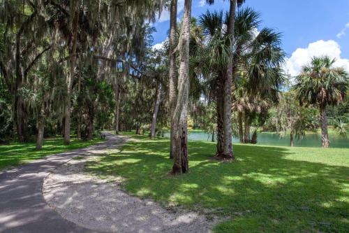 a path through a park with palm trees and a lake at Travelodge by Wyndham Deltona in Deltona