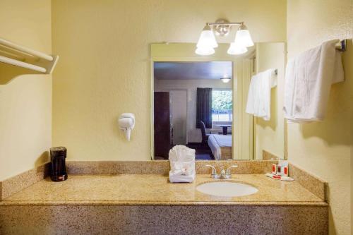 a bathroom with a sink and a mirror at Travelodge by Wyndham Houston Hobby Airport in Houston