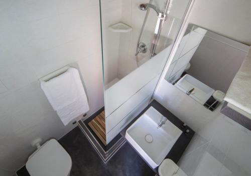 a bathroom with a toilet and a sink and a mirror at Locanda Al Centrale in Caprino Veronese