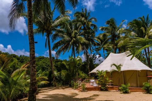 a tent on the beach in front of palm trees at Canvas & Orchids Retreat in Tatai