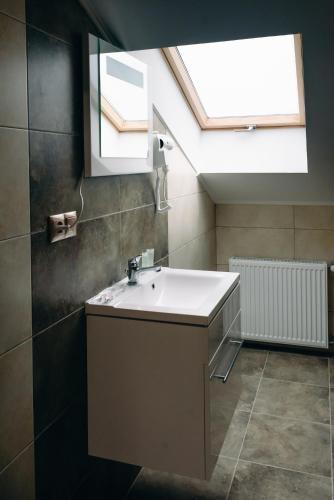 a bathroom with a sink and a skylight at Готель Hunter in Shegyni