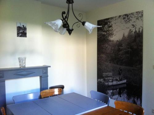 希尼的住宿－Embarcadère 56，一间设有蓝色桌子和壁炉的用餐室