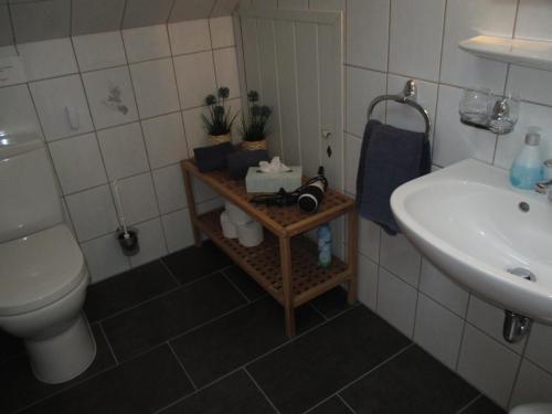 a bathroom with a toilet and a sink at Nordsee Haus An't Oll Deep in Dornumersiel