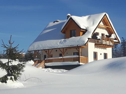 una casa con techo cubierto de nieve en la nieve en Apartament z kominkiem i wanną en Istebna