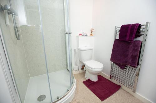 a bathroom with a shower and a toilet with purple towels at PERFECT BUSINESS ACCOMMODATION at SIDINGS FARM - Luxury Cottage Accommodation - Self Catering - Secure Parking - Fully equipped Kitchen - Towels & Linen included in Pidley