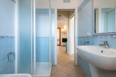 y baño con lavabo y ducha acristalada. en Nuovissimo Bilocale al Mare en Villa San Pietro