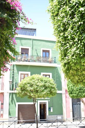 un edificio verde con un albero di fronte di La Pita Guesthouse a Almería