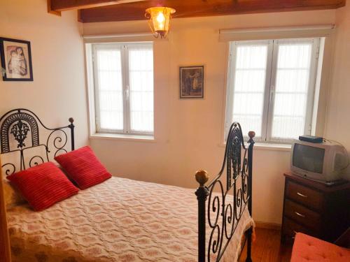 a bedroom with a bed with red pillows and a tv at Doce Lar in Manteigas