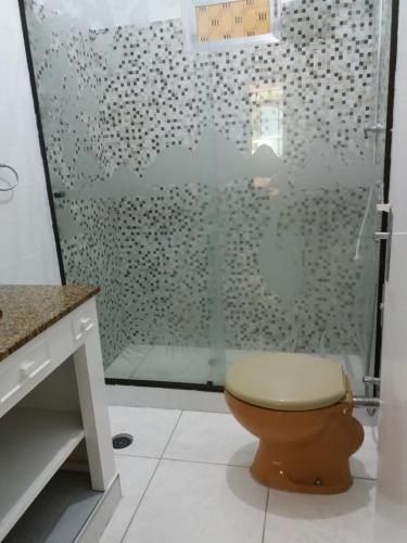 a bathroom with a shower with a toilet in it at Meu pedacinho de chão in Serra Negra