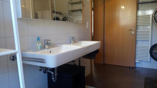 a bathroom with a white sink and a mirror at 3 Doppelbett Business Apartment am Bodensee in Arbon