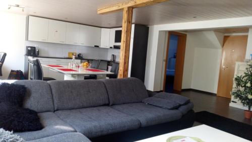 a living room with a couch and a kitchen at 3 Doppelbett Business Apartment am Bodensee in Arbon