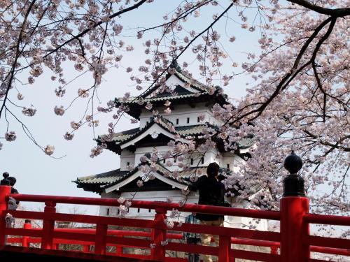 a man standing next to a fence in front of a building withakura trees at Agri In Holiday in Hirosaki