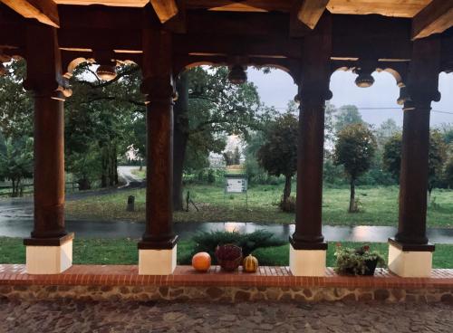 a view from the porch of a pavilion with pumpkins at Dom Podcieniowy na Żuławach Wiślanych in Nowy Dwór Gdański