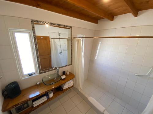 a bathroom with a shower and a sink and a mirror at Cabañas Caballieri in Pisco Elqui