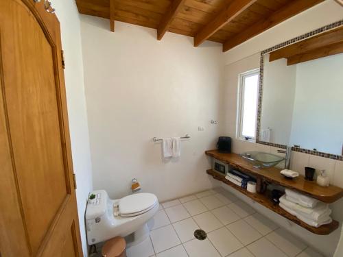 a bathroom with a toilet and a sink and a mirror at Cabañas Caballieri in Pisco Elqui
