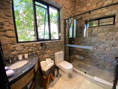 a stone bathroom with a toilet and a sink at Cabañas Caballieri in Pisco Elqui