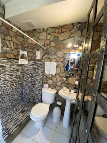 a stone bathroom with a toilet and a sink at Cabañas Caballieri in Pisco Elqui