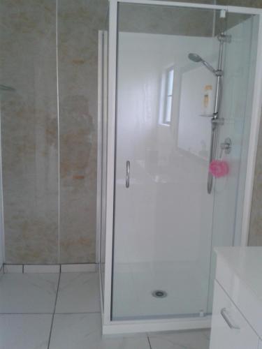 a shower with a glass door in a bathroom at Moana Vista in One Tree Point