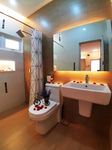 a bathroom with a sink and a toilet and a mirror at Sunshine Lodge in Kuantan