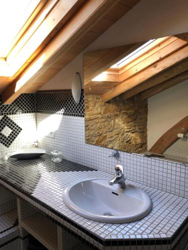 a bathroom with a sink and a mirror at la maison d'Obinat in Auzas