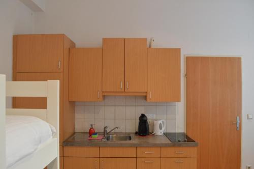 a kitchen with wooden cabinets and a sink at Metro Apartments Vienna in Vienna
