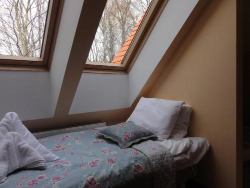 a bedroom with a bed and two windows at Chata nad Sztolnią in Bystrzyca Górna