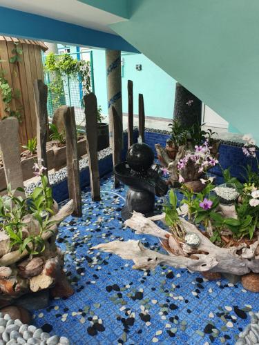 a garden with rocks and plants on a blue carpet at Bord Mer City Apartments in La Digue