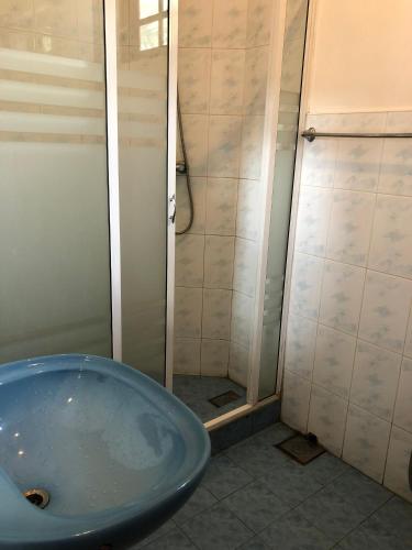 a bathroom with a shower and a blue tub at Bird's Nest by Natures Bliss in Ragama