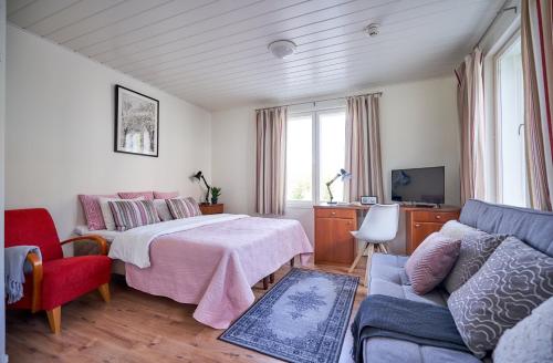 une chambre avec un lit, un canapé et une télévision dans l'établissement Hotel Villa Molnby, à Porvoo