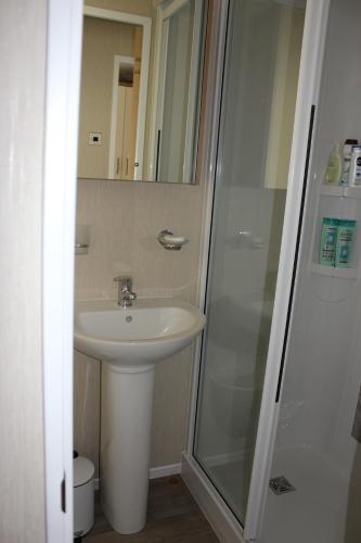 y baño con lavabo y ducha. en Life Begins @ 40 Sun Valley Park, en St Austell