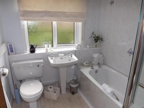 a bathroom with a sink and a toilet and a bath tub at Hazel Bank Bed& Breakfast in Moffat