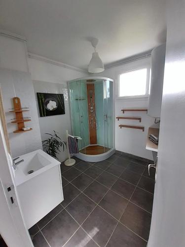 une salle de bain avec une douche, un lavabo et une baignoire dans l'établissement Gites Nature & Espace - Le puits des souhaits, à Villedieu-les-Poêles