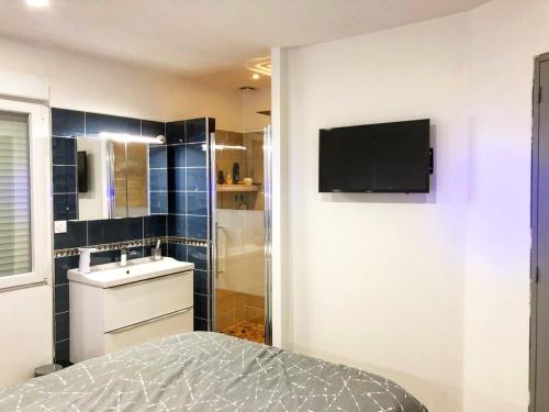 a bathroom with a sink and a tv on a wall at Au lit de Vin in Saint-Sulpice-de-Faleyrens
