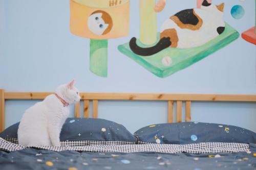 a white cat sitting on top of a bed at Red Letter Day in Tainan