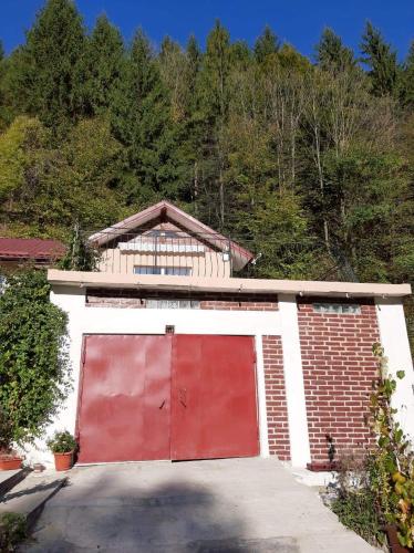 a garage with a red door in front of a house at Casa Ozon in Vulcan
