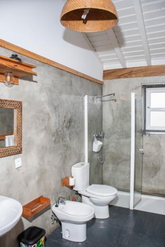 a bathroom with a toilet and a shower and a sink at Casa Medronho in São Mateus