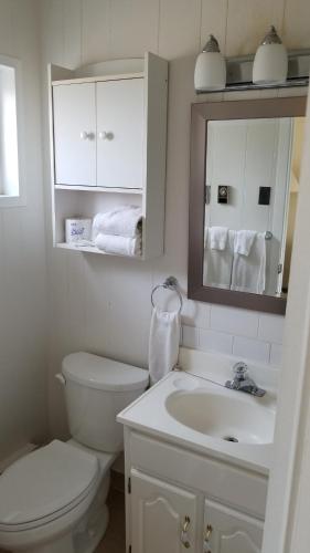 y baño con aseo, lavabo y espejo. en Wasaga Beach Inn And Cottages, en Wasaga Beach