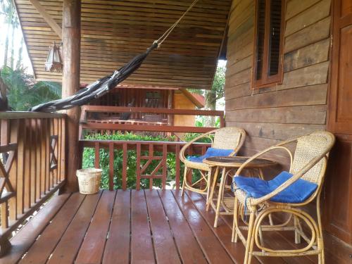 a patio with two chairs and a table on a porch at Phu View Guesthouse in Pai