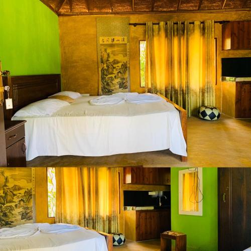 a bedroom with a bed in a room with green at Crown Holiday Village near Marawila in Nattandiya