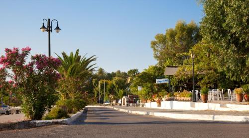 an empty street with trees and a street light at Akroyali Hotel & Villas in Áyios Andréas Messinias