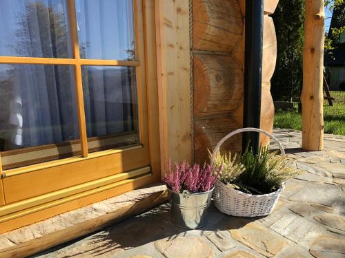 two buckets of plants sitting outside of a window at Domek Tatrzańska Zyngierka z Jacuzzi in Ząb